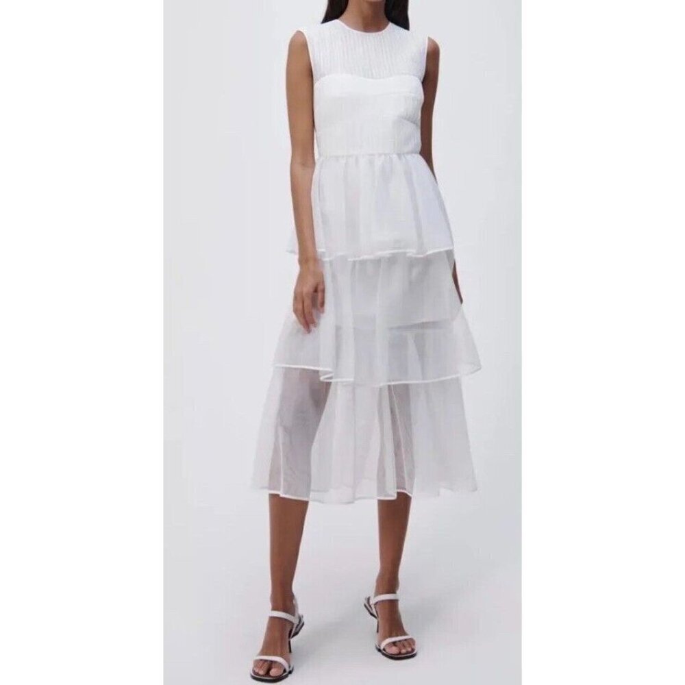 Jonathan Simkhai Sz 0 Dress Tulle Midi Tiered bridal White Designer Luxury Retro